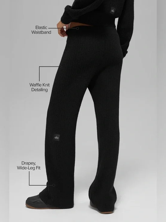 Alo Cashmere High-Waist Plush Waffle Pant in Black SZ M - Picture 5 of 13